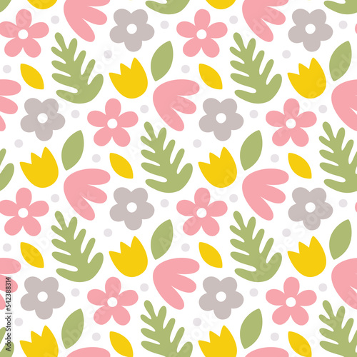 Seamless cute floral pattern with flowers, plants, branches, leaves, nature