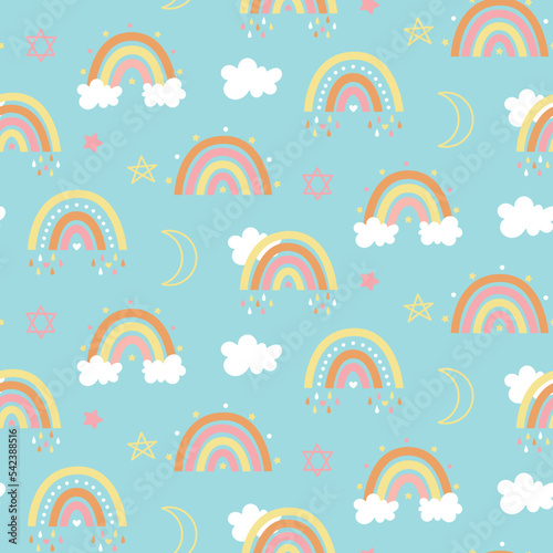 Seamless celestial cute vector pattern with rainbows  clouds  rain  stars