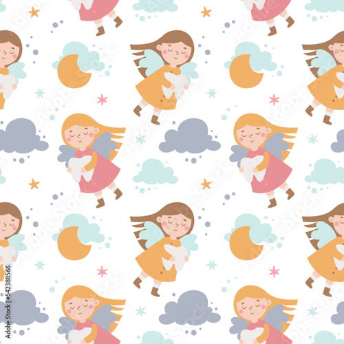 Seamless cute vector magical fairy-tale pattern with tooth fairy, fabulous fairies characters, wings, clouds