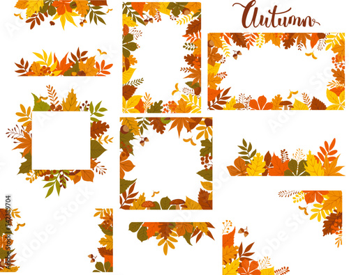 colorful autumn leaves bush twigs branches plants banner backgrounds set, fall seasonal foliage botanical frames and borders collection, isolated vector illustration