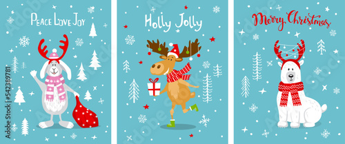 merry christmas, holly jolly fun xmas greeting cards set templates with cute cartoon polar bear, moose deer, rabbit hare, scandinavian style vector illustration
