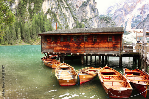 Fotobehang Boathouse at the Pragser Wildsee in the Dolomites in Italy
