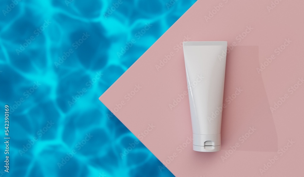 Cosmetic tube product mock up. Beauty skin care product against rippled water background. 3D Rendering Cosmetic tube product mock up. Beauty skin care product against rippled water background. 3D Rendering