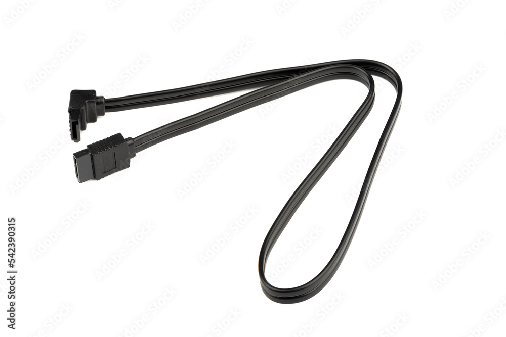 Black SATA cable for connecting the hard drive to the motherboard isolated on a white background. Black SATA cable for connecting the hard drive to the motherboard isolated on a white background.