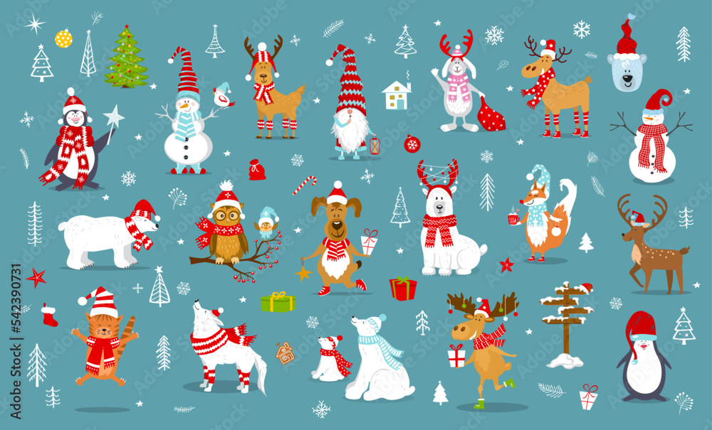 merry christmas  happy new year winter cartoon cute funny animals in santa hats scarfs with presents collection. polar bears, reindeer, deer, fox, cat, dog, wolf, rabbit, penguin, owl, birds, gnome 
