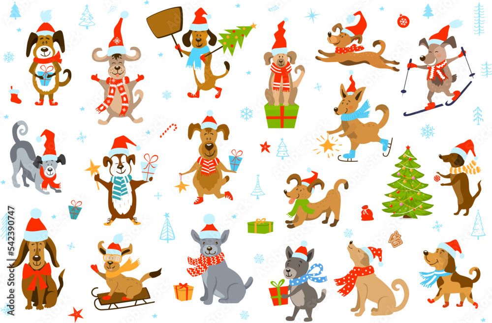 cute cartoon christmas winter dogs vector illustration