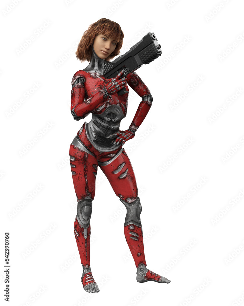 3D rendering of a beautiful cyborg girl posing with a gun and isolated on transparent background. 3D rendering of a beautiful cyborg girl posing with a gun and isolated on transparent background.