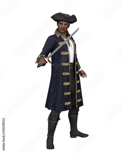 3D rendering of a pirate captain holding a sword isolated on transparent background.