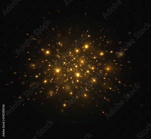 Golden shiny stars. Sparkling magic dust particles. Yellow sparks and stars glitter special light effect.