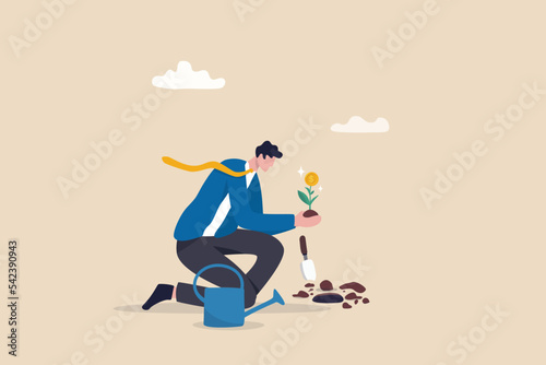 Investing in growth stock, growing pension fund, saving or make profit from retirement fund, growing wealth or investment asset concept, businessman investor planting money seedling for prosperity.