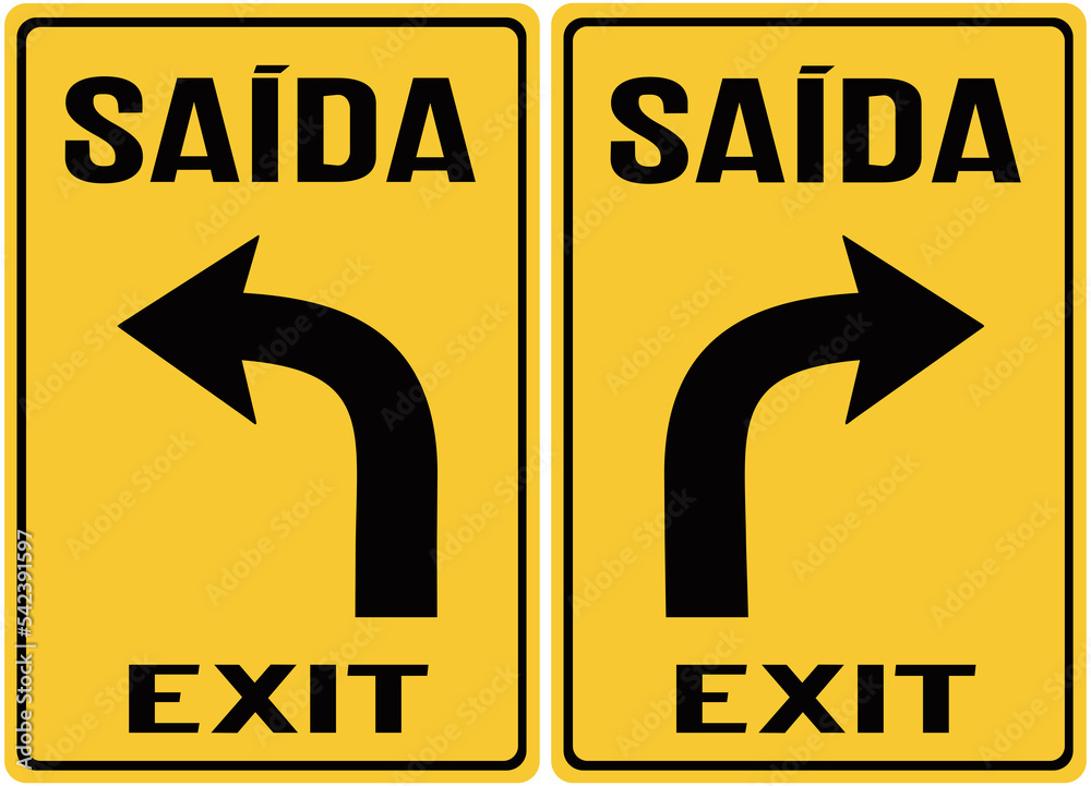 Two sign that indicating the exit in Portuguese and english language. Exit turn left and turn right Two sign that indicating the exit in Portuguese and english language. Exit turn left and turn right