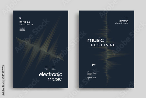 Musical flyer with sound wave. Electronic music festival poster with distorted equalizer . Cover design Electro beat fest.