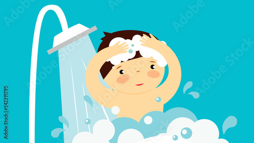 Boy washing his head in the shower