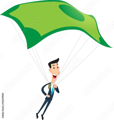 Businessman flying by money cash parachute