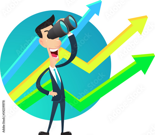 Businessman hold binoculars looking forward and arrow three growth up