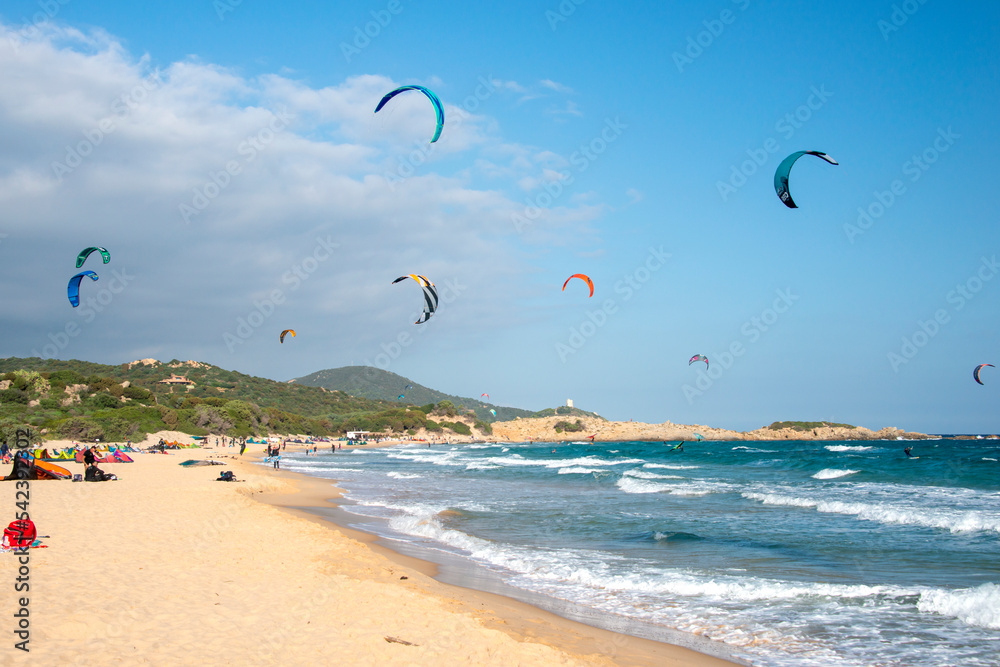 Kitesurfer in Chia bay, Domus de Maria, Sardinia, Italy