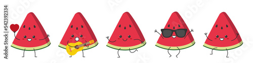 Set watermelon fresh juicy slice  character cartoon greeting jumping sings love running cute smiling face cheerful kawaii joy happy emotions icon vector illustration.