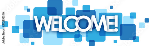 WELCOME banner with blue squares on transparent background