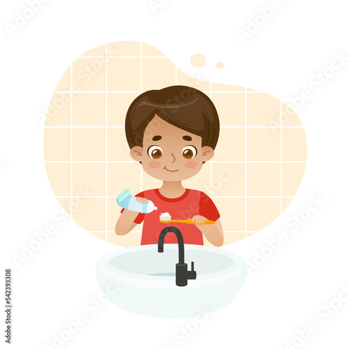 Cute baby boy squeezes the paste onto the toothbrush. Kids dental hygiene illustration.