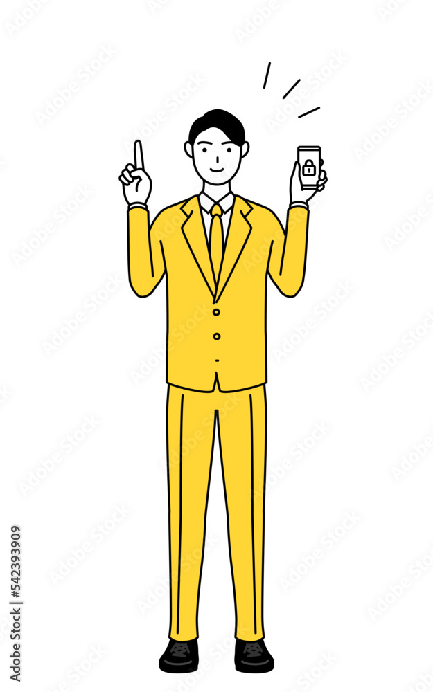 スマホのセキュリティ対策をするスーツ姿のビジネスマンのシンプルな線画イラスト スマホのセキュリティ対策をするスーツ姿のビジネスマンのシンプルな線画イラスト