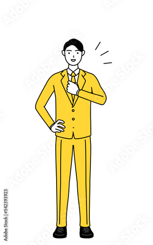胸を叩くスーツ姿のビジネスマンのシンプルな線画イラスト