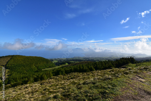 Blue Skies and Low Clouds Over Lush Landscape