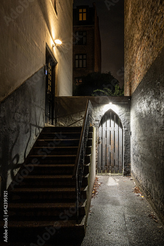 Copenhagen, Denmark A dark alley with staircase and a door off of Vesterbrogade. photo