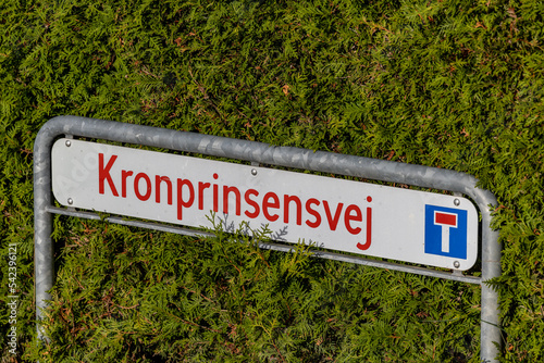 Fredensborg, Denmark,  A street sign says Kronprinsensvej, or Crown Prince's road. photo