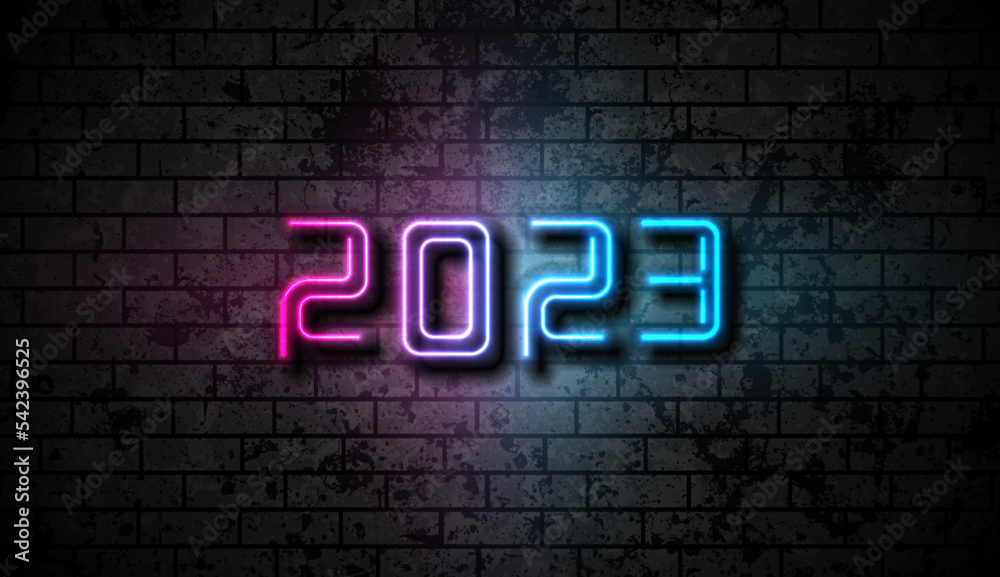 Neon New Year 2023 on grunge brick wall abstract background. Vector greeting card blue purple illumination design