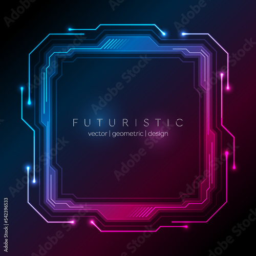 Neon blue purple technology frame with circuit board lines. Futuristic geometric vector design