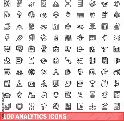 100 analytics icons set. Outline illustration of 100 analytics icons vector set isolated on white background