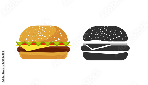 Burger icon vector flat silhouette or hamburger pictogram graphic illustration black white, sandwich or cheeseburger fast food unhealthy symbol isolated cut out clipart image