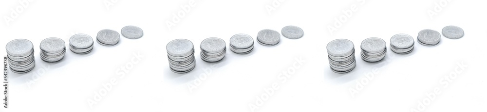 three rows of silver coins isolated on white background, concept of economy, euribor, copy space three rows of silver coins isolated on white background, concept of economy, euribor, copy space