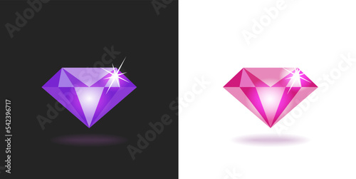 Diamond gem stone icon vector 3d graphic or shiny precious gemstone diamant clipart illustration, jewel pink blue color brilliant with sparkle, luxury jewelry crystal closeup cut out for logo design