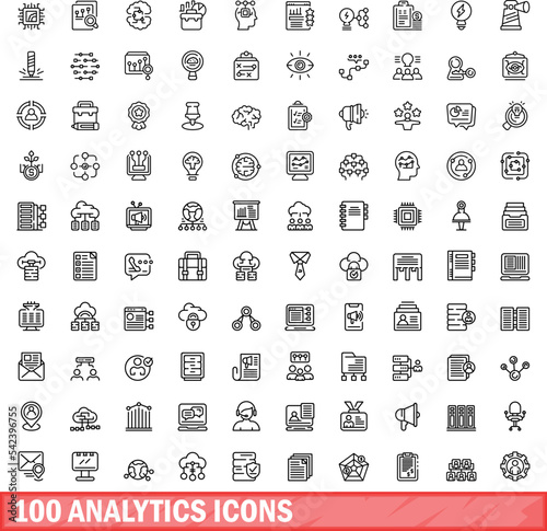 100 analytics icons set. Outline illustration of 100 analytics icons vector set isolated on white background