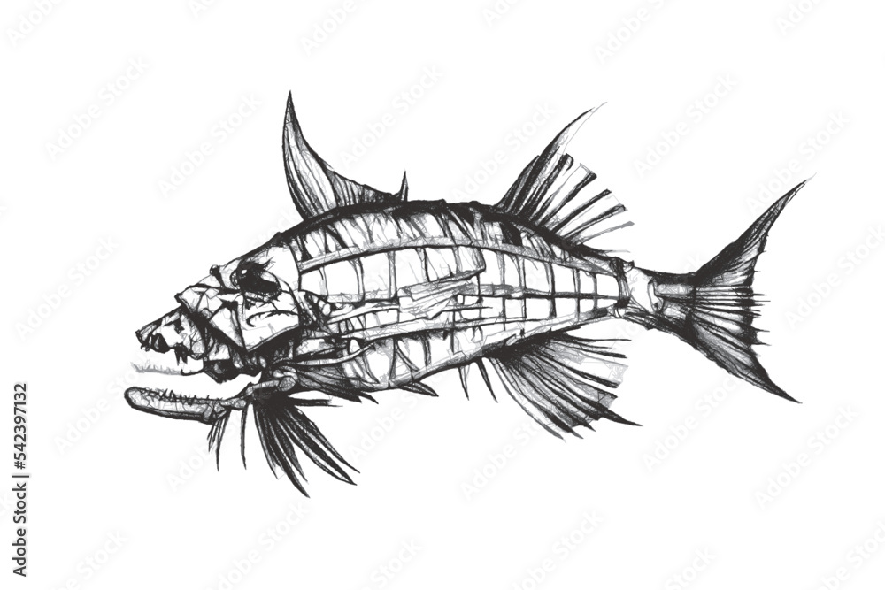 Fish skeleton. Fantastic Sea monster. Doodle sketch. Vector illustration. Isolated on white background. Fish skeleton. Fantastic Sea monster. Doodle sketch. Vector illustration. Isolated on white background.