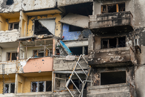 War in Ukraine. 2022 Russian invasion of Ukraine. An apartment building destroyed by shelling. Destruction of infrastructure. Terror of the civilian population. War crimes