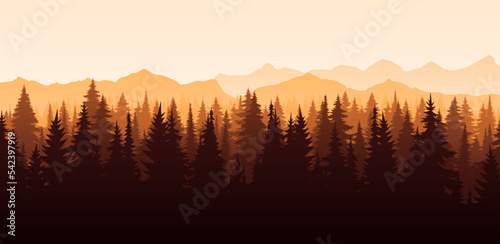 Vector red horizontal landscape with fog, forest, spruce, fir, and sunset. Autumn Illustration of panoramic view silhouette, mist and orange mountains. Fall season trees
