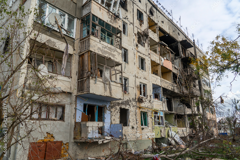 War in Ukraine. 2022 Russian invasion of Ukraine. An apartment building destroyed by shelling. Destruction of infrastructure. Terror of the civilian population. War crimes
