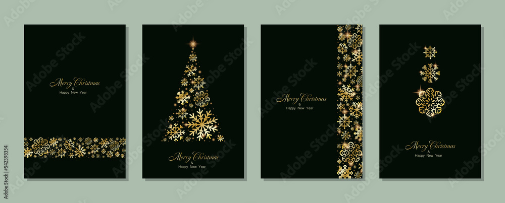 Merry Christmas and Happy New Year greeting card design with golden stars and snowflakes decorated on Christmas background for banners,pposters,or cards. Beautiful Christmas background collection.