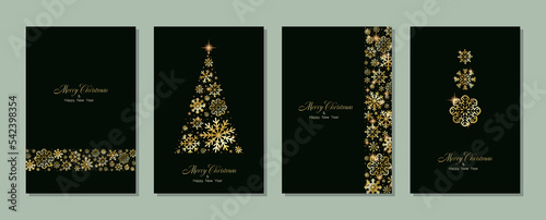 Obraz na płótnie Merry Christmas and Happy New Year greeting card design with golden stars and snowflakes decorated on Christmas background for banners,pposters,or cards. Beautiful Christmas background collection.
w salonie
