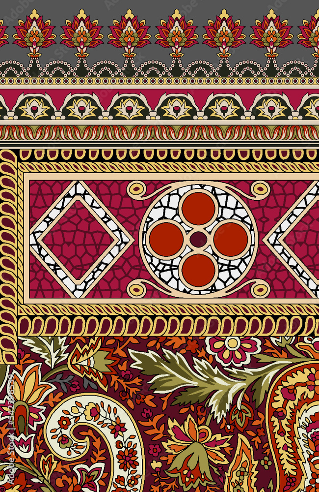 multi colored decorated hand drawn rendered traced ornamental all over base background repeat pattern geometrical chunri texture border ethnic tribal creative design