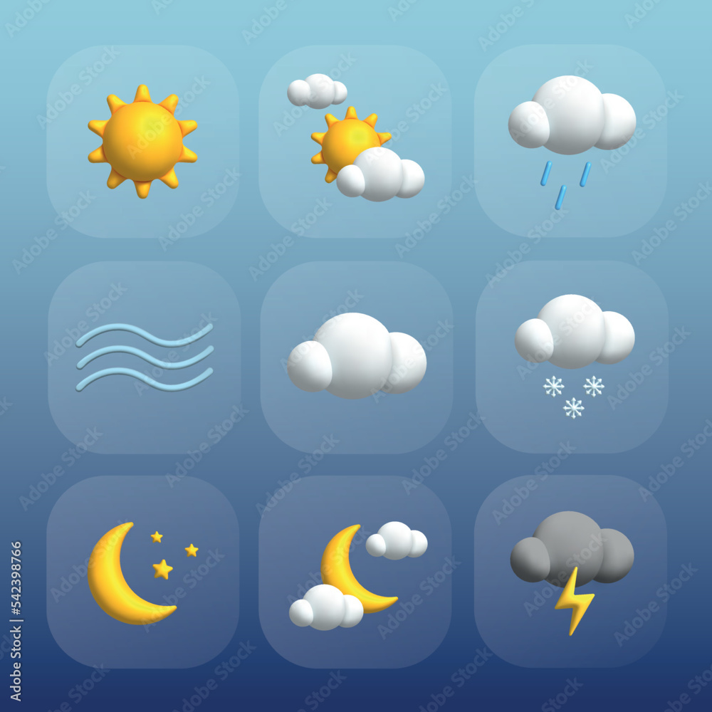 Vector collection of 3d style simple weather icons, meteorology daily forecast app symbols Vector collection of 3d style simple weather icons, meteorology daily forecast app symbols