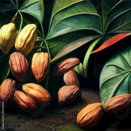 Cocoa plantation. Cocoa harvest on trees. Cocoa fruits.