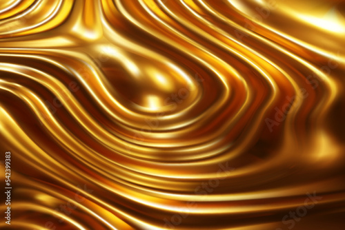 Liquid molten gold metal abstract wavy background with light reflects. Wallpaper with glossy soft silk with waves. Elegant luxury vector illustration made with gradient mesh. Flowing smooth fabric