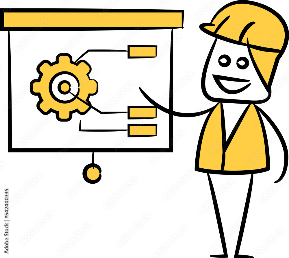 engineer presenting gear stick figure illustration