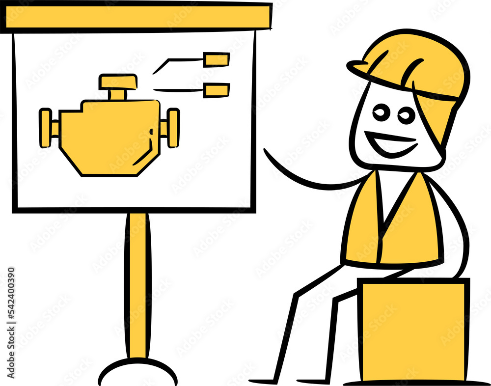 engineer and engine machine icon stick figure illustration