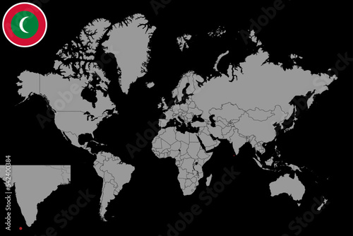 Pin map with Maldives flag on world map. Vector illustration.