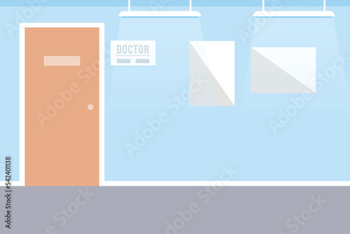 Hospital corridor flat color vector illustration. Medical clinic. Doctor office entrance. Fully editable 2D simple cartoon interior with physician door on background. Bebas Neue font used