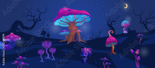 Night landscape with magic glowing mushrooms cartoon vector illustration. Gaming background.